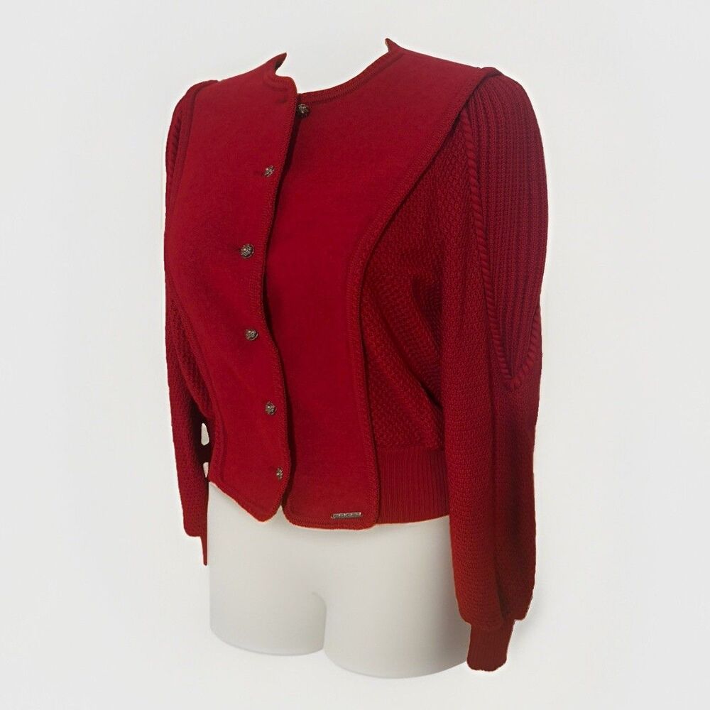 Vintage Geiger Austria Braided Wool Knit Cardigan EU 42 Large Red